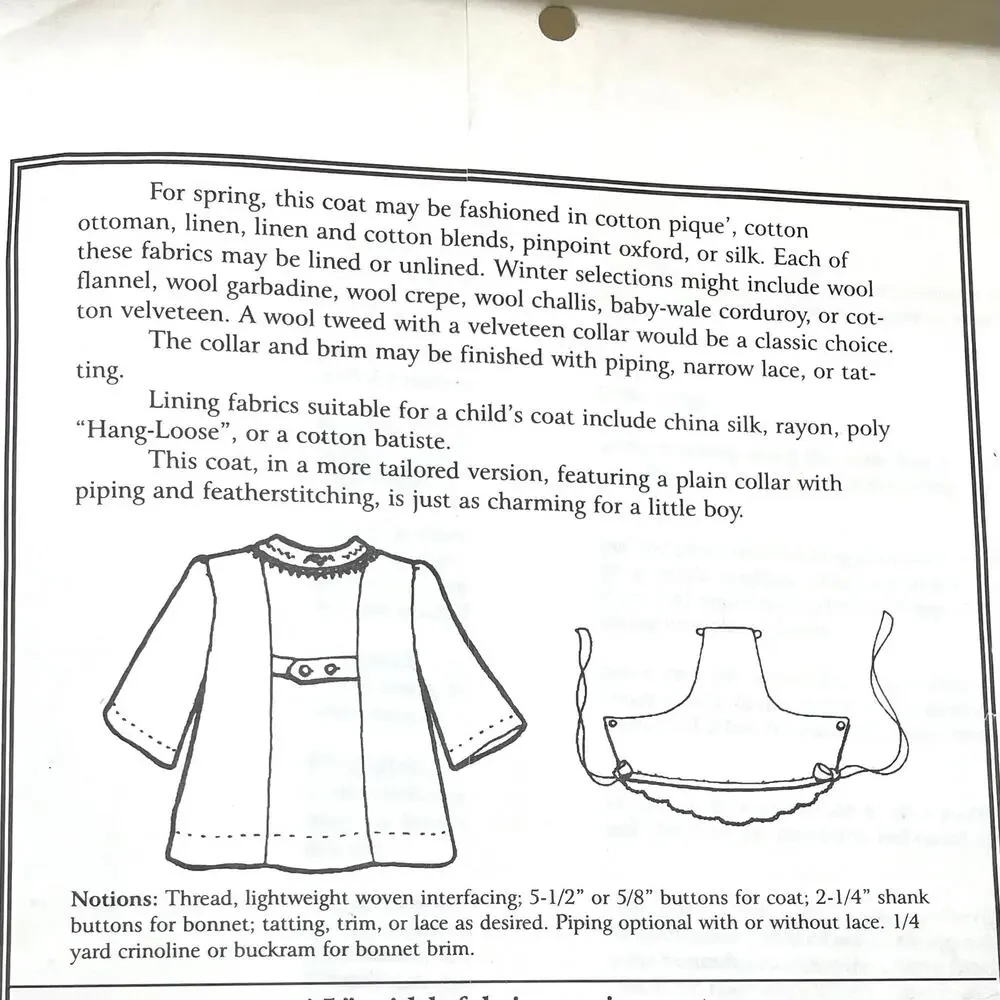 Carol Harris Toddler Coat and Bonnet Sewing Pattern Size 1,2 Uncut Complete